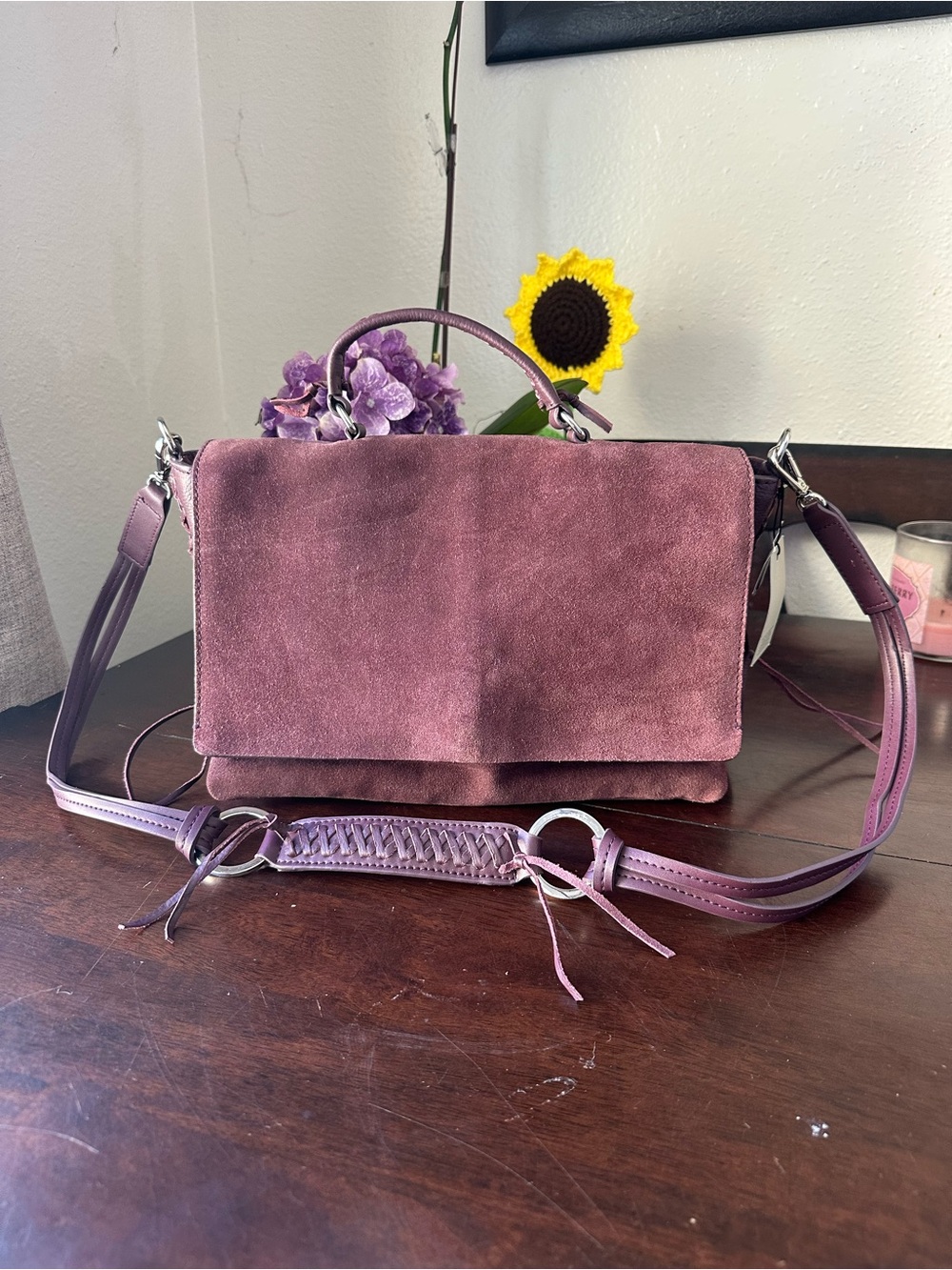 Zara Plum Suede Top-Handle Satchel with Braided Strap 100% Leather